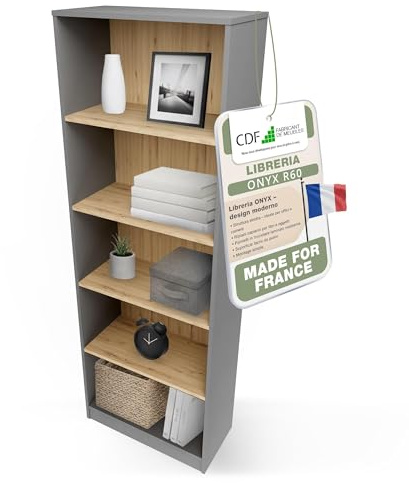 CDF Bibliothèque Colonne Ouverte à Cases - Anthracite Chêne Artisan 60 cm | Meuble de rangement, compartiments pour livres et dossiers, utilisation bureau salon chambre, format vertical décoration
