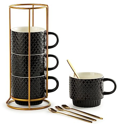 Gomakren Coffee Mugs Set of 4, 13 Ounce Stackable Coffee Mug Set with Stand, Stoneware Coffee Cup with Spoon for Coffee, Milk, Tea, Cocoa, Black