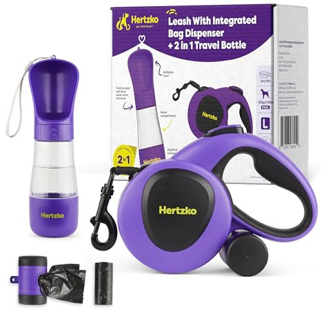 Hertzko Heavy Duty Retractable Dog Leash with Built-in Poop Bag Holder + Water Dispenser/Bottle - Purple & Black, 16 Ft, Small, Medium & Large Dogs Up to 110lbs, Heavy Duty Purple Leash w/Thick Rope