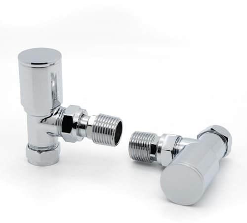 Vancoco Chrome Manual Radiator Valve Pair - Compression Connection 15mm/1/2'' Towel Rail Valve Round Head for Central Heating Modern Bathroom (Angled)