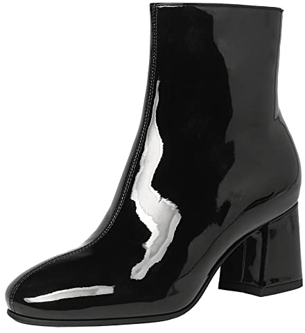 Elbslutt Women's Chunky Heel SquareToe Booties Patent Leather Block Heeled Zip Up Ankle Boots, size 7, Black