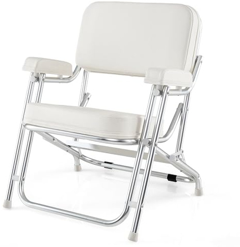 HOMASIS Sedia da Barca Pieghevole per Imbarcazioni, Sedile Timone Portatile con Schienale Ergonomico, Struttura in Alluminio, per Yacht e Campeggio, Carico 150 kg, 66,5 x 65 x 78 cm, Bianco