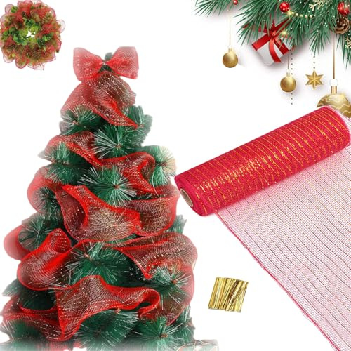 Guirnalda Decorativa Navideña, Guirnalda para Árbol De Navidad, Cinta De Malla De Lámina Dorada, Decoración De Jardín con Barandilla para Fiesta De Bodas De Pascua, 26 Cm X 9,14 M (Rojo)