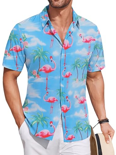 COOFANDY Hawaii Hemd Herren Flamingo Hemd Leichte Sommerhemd Kurzarmhemd Hawai Hemden Beach Shirt Flamingo Blau XL