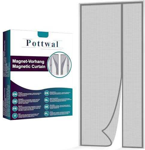 Pottwal Fliegengitter Tür Magnet Seitliche Öffnung, 75x205cm Automatisch Verschließen Insektenschutz Balkontür, Grau Fliegenvorhang Ohne Bohren für Wohnzimmer Kellertür Schiebetür Terrassentür