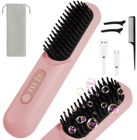 LOPHE Piastra per Capelli, Senza Fili Piastra Lisciante Riscaldamento Rapido, Piastra Capelli Spazzola con Display LED, 3 Temperature 160°C-200°C per Capelli Lisci, Ricci e Mossi(Rosa, B)