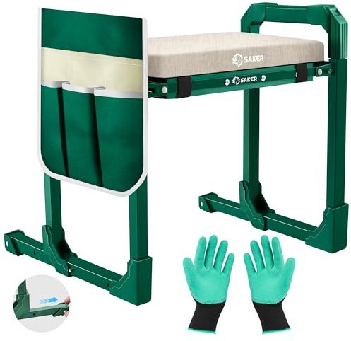 Saker Repose-genoux et siège de jardin pliable avec pieds extensibles | Coussin épais, outil, support robuste de 181,4 kg pour personnes âgées, jardinage, utilisation en extérieur