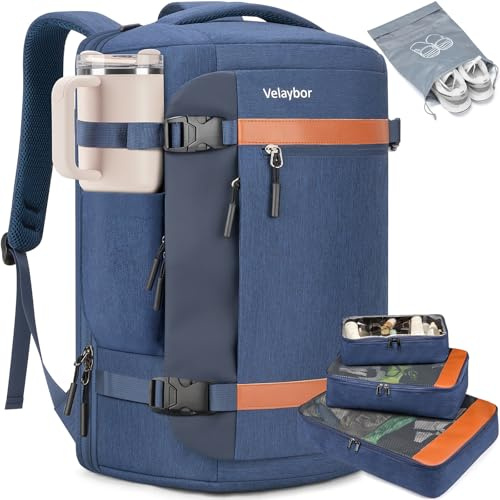 Velaybor Sac à dos de voyage de 42 l avec 4 cubes d'emballage, sac à main approuvé par la TSA, bleu, Large, Classique