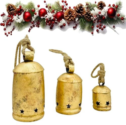 Guldklockor i metall hängande klockor vintage dekor med jutehängrep, dekorativ koklocka, perfekt för bröllop, jul (stjärntrumma set med 3)