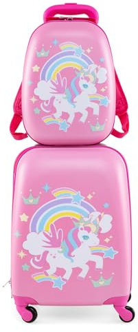 GYMAX 2Pc Kids Luggage Set, 12 & 16 Children Hand Trolley Case with 4 Spinner Wheels, Carry On Suitcase for Boys Girls Travel School (Pink)