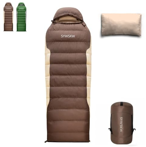SYWSKW Ultralight Down Sleeping Bag with Pillow,15°F 32°F 46°F Sleeping Bag for Women,Men,Youth Backpacking,Hiking and Camping Outdoor with 680FP Duck Down (Coffee, 500g Down Filling)