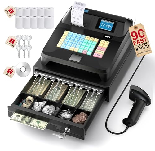 PYY Cash Register for Small Businesses with Scanner - Electronic Caja Registradora para Negocio with Lock Cash Drawer Box, 48 Keys, 8 Digital Dual Display for Retail Restaurant Commercial Supermarket