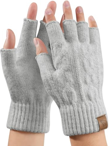 TOMEEK Fingerlösa handskar för kvinnor, 100 % ull, vinter, termiska handskar för män, som kör, halvfingerhandske, löpning, arbete, cykling, vandring, utomhussport (ljusgrå, M)