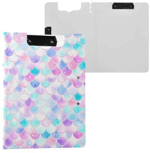 JUMBEAR Hermoso portapapeles de escamas de sirena A4 con clips dobles, tablero plegable con tapa, organizador personal ligero adecuado para hospitales, oficinas, escuelas, negocios, suministros de