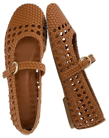 CUSHIONAIRE Windsor Woven Womens Flats with Adjustable Strap – Comfortable Mary Jane Ballet Flats for Women, Cognac 11W