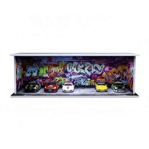 1:64 modellbil monter med LED-belysning och dammskydd – Diorama parkeringsgarage, graffitiväggdesign – stapelbar och anslutbar, förvaring för Hot Wheels, matchbox