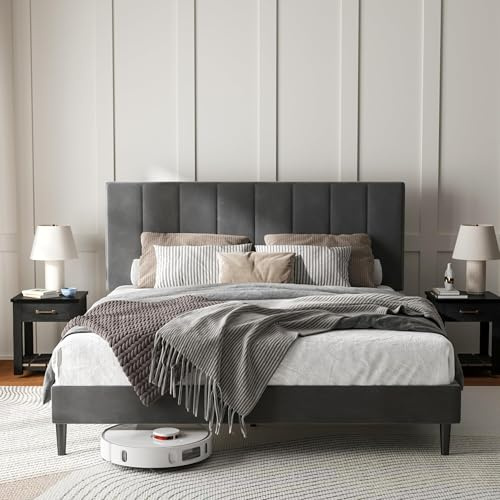 Bednew King Size Bed Frame in Dark Grey | Upholstered Headboard & Sturdy Platform Bed | Premium Support, Large Underbed Storage Space | No Box Spring | 150x200 cm