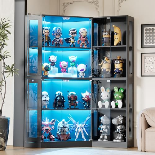 Glasvitrine mit LED Beleuchtung, Vitrinenschrank Stehend mit 3-farbige Beleuchtung Bewegungssensor, 4-Lagen Eckvitrine Display Cabinet Lego Vitrine Holz für Sammlerstücke Wohnzimmer Schlafzimmer Büro