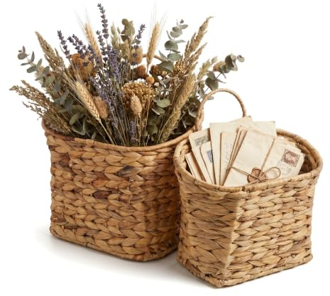 Cestas Almacenaje Colgante, Cestas Organizadoras Mimbre para Puerta, Cocina, Baño y Salón, Decoración para Bodas, Organización de Frutas y Hortalizas, Juego de 2 Cestas de Water Hyacinth