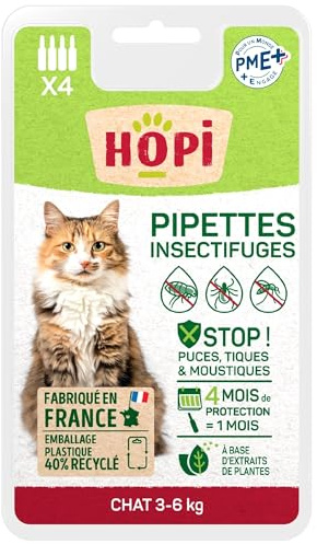 HOPI Pipettes Anti Puces Chat de 3 à 6 kg - 4 Mois de Protection - Idéal pour repousser Les Puces, Les Tiques et Les Moustiques - Active dès Application - Extraits de Plantes - Fabriqué en France