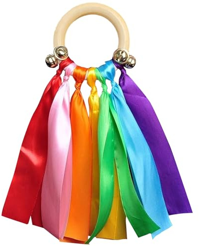 1 PCS Sensory Ribbons,Colorful Baby Ribbon Toy Sensory with Rattle,Rainbow Wooden Ribbon Toy with Rattle,for Babies and Toddlers,Wooden Ring Baby Toys for Crawling Play and Development