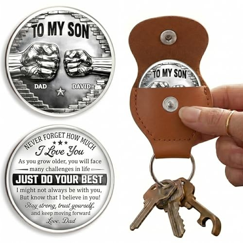VEELU Personalised To My Son Pocket Hug Coin Keychain from Dad, Custom Engraved Key Ring with Name & Text, Double Sided Stainless Steel Token Gifts for Fathers Day for Men Grandad Husband (03)