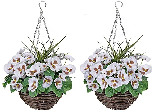2 x Hanging Baskets with White Flowers and Decorative Grasses (Set of 2)