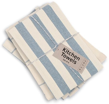 MEEMA Upcycled Spring Kitchen Towels Cotton Fabric | Super Absorbent Hand Towels with Hanging Loop | Cleaning Rags and Dish Towels for Kitchen | Blue Striped | Large 18 x 28 Inch | 4-Pack