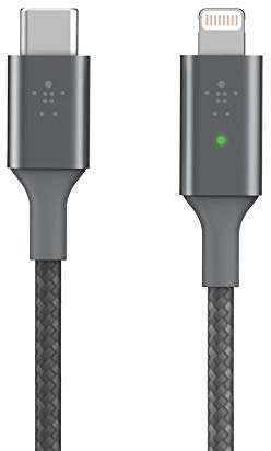 Belkin Smart LED Charging Cable USB to Lightning 4ft/1.2m (See Your Charging Status at a Glance) For iPhone, AirPods and iPad, MFi-Certified - Gray