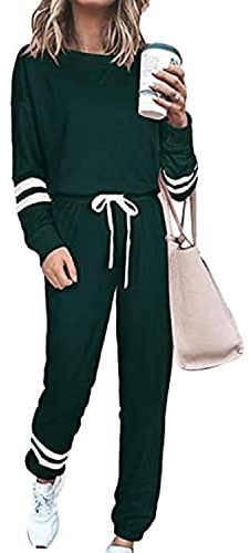 BUOYDM Kvinnors Jumpsuit Två stycken Sport Komplett Pullover Set + Casual Byxor Pyjamas Hem Fritid Yoga Sportswear, Grön, S
