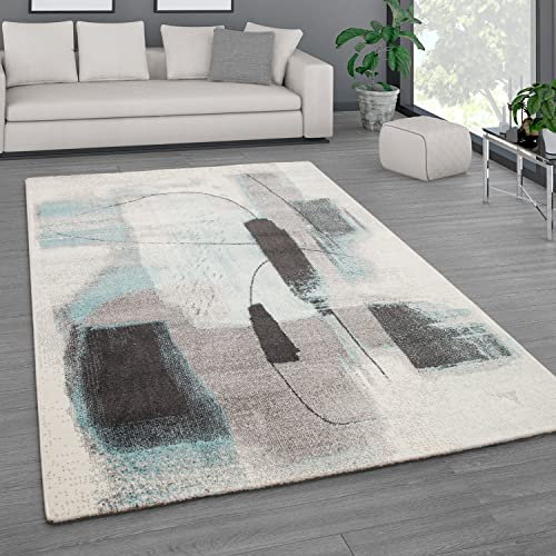 Paco Home Teppich Wohnzimmer Schlafzimmer Kurzflor Vintage Optik Bunt Modern Pastell Abstrakt, Grösse:120x170 cm, Farbe:Türkis