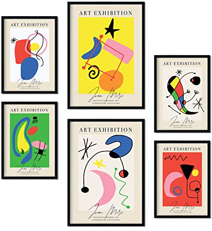 Nacnic Miró konstaffisch set med 6 st. Samling av plattor med estetiskt collage för heminredning A3 & A4 utan ram