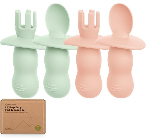 KeaBabies 4-pack silikon baby sked och baby gaffel set – baby sked själv, BLW tillbehör baby 6–12 månader, babyguidad tillvänjning babybestick, barnträning babysked (Mellow)