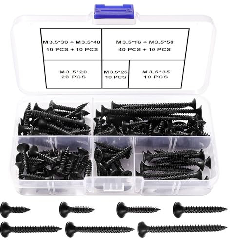 VooGenzek 110 Pièces M3.5 Kit de Vis à Bois À Filetage Épais, Vis Cruciformes, Vis Autotaraudeuses, pour Cloisons SèChes, Meubles En Bois, Noir