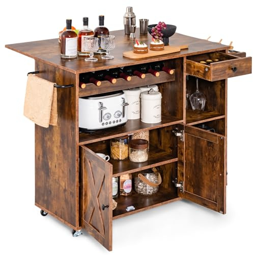 GYMAX Carrello da Cucina con Piano Ribaltabile, Isola da Cucina con Armadietto, Portabottiglie, Portabicchieri, Portaspezie e Portasciugamani, Credenza in Legno per Sala da Pranzo, Marrone Rustico