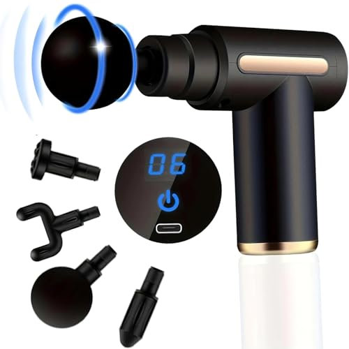 Mini Massage Gun Deep Tissue,6 Speeds Cordless Handheld Muscle Massager with 4 Heads 1800mAh Battery & Type-C Charging, Super Quiet Chargeable Device Pain Relief, Gifts