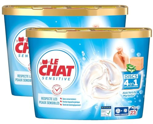 LE CHAT Sensitive - Discs 4en1 Savon de Marseille & Aloe Vera - Lot de 2 boîtes de 23 capsules (46 capsules)