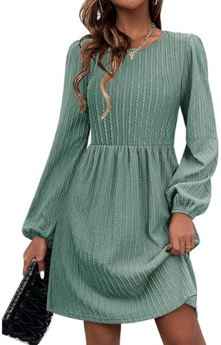 GRMLRPT Damen Langarm Rundhals Pulloverkleid Elegant Knielang Herbstkleid Casual Kleid Herbst Winter A Linien Bequem Midikleid(Grün,L)