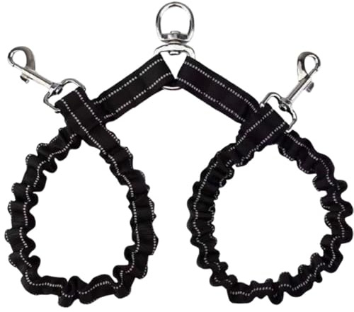 Double Dog Leash No Tangle 360°Swivel Rotation Two 2 Splitter Adjustable Shock Absorbing Bungee Cord for Puppy Walks Black