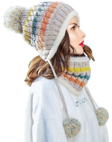 BDSHUNBF Damen Winter Beanie Mütze Pom Pom Strickmütze Schal Set Winter Bommelmützen für Damen und Herren Outdoor Sport Ski Weiß, weiß, Einheitsgröße