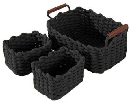 Icegrey Cestini in Corda di Cotone Cesto Contenitore Organizer Cestini Portaoggetti Decorativi Rettangolari Naturali Per Camerette Soggiorno Camera Da Letto, Nero, Set di 3