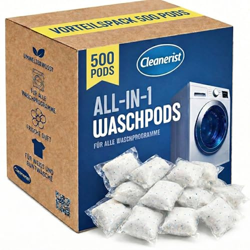 Cleanerist | All-in-1 Waschmittel Pods Caps – 500 Universal-Tabs (10kg) Pulver gefüllt, schnell löslich, für Weiß- Bunt- Kochwäsche – Frischer Duft – Made in Germany