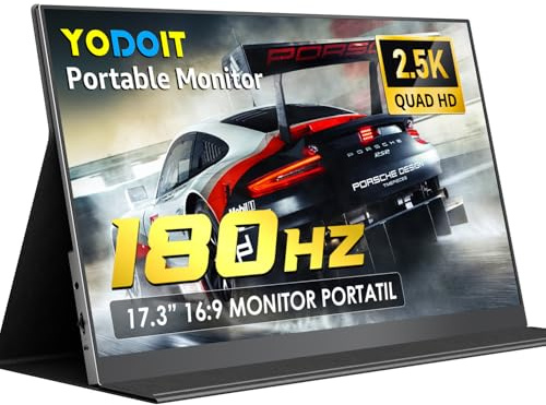 Yodoit Bärbar bildskärm 17,3 tum 2,5K QHD 180Hz IPS 2560 x 1440 16:9-skärm med USB-typ C-port HDMI inbyggda högtalare och smart fodral kompatibel med PC, bärbar dator, MacBook, PS3/4/5, Switch