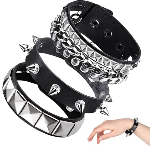 YUVKIN 3 Pezzi Bracciale Punk con Borchie Regolabile in Pelle per Halloween e Carnevale, Braccialetti Rock Gothic con Borchie Metalliche per Uomo e Donna (Nero)