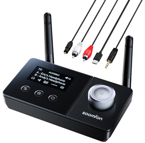 SOOMFON Bluetooth 5.3 Sender Empfänger mit Doppelantenne, 3-in-1 BT Audio Adapter für 2 Kopfhörer, Bluetooth Transmitter Receiver für TV/Stereoanlage, mit Bildschirm & Lautstärkeregelung, Aux/Optisch
