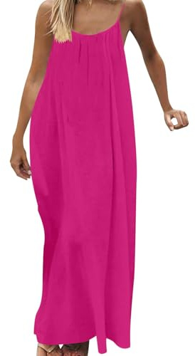 Sommarklänning för kvinnor boho spagettirem rygglösa klänningar enfärgad underkjol kami-klänning ärmlös vardagskläder bekväm lös stretchig lång solklänning med knytband bak, Rosa (Hot Pink), M
