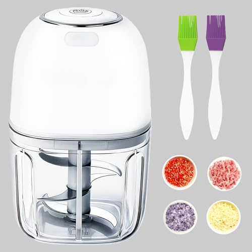 Mini Hachoir Électrique Alimentaire Sans Fil, 350ML Petit Coupe Legumes Multifonction, Rechargeable USB C, Portable Robot Hachoir, pour Oignon,Ail, Viande, Légumes et Les Fruits,Blanc