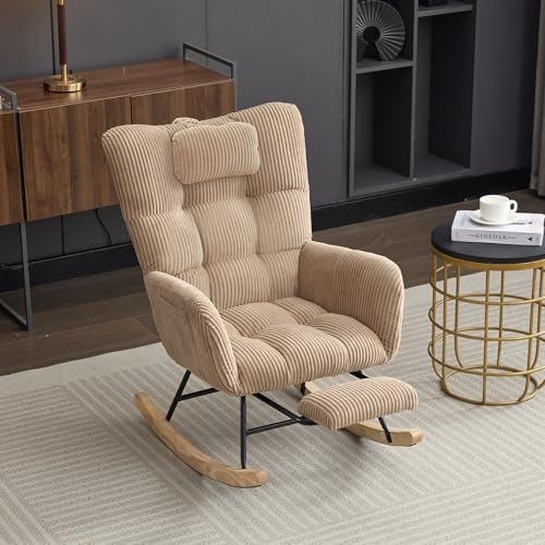 Coolfish Rocking Chair w/Adjustable Footrest, Headrest, Fabric Rocking Chair w/Wooden Legs, Comfortable Lounge Armchair w/Side Pockets & High Backrest, Reading Chair for Nursery, Living Room Brown