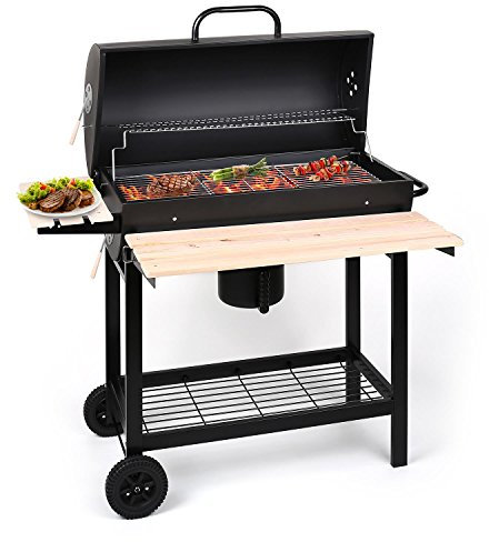 oneConcept Beefbutler - griglia a Carbone, griglia da Giardino, griglia Diretta e indiretta, 2 Ripiani in Legno, 4 Aperture di Ventilazione, Contenitore Rimovibile, Ruote per Trolley, Nero