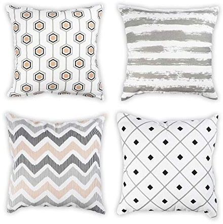 Penguin Home Set of 4 100% Slub Cotton Fabric Cushion Covers 45cm x 45cm Double Sided Square Pillow Covers with Invisible Zipper Pillow Cases for Living Room, Bedroom, Sofa (Beige/Black/Grey)
